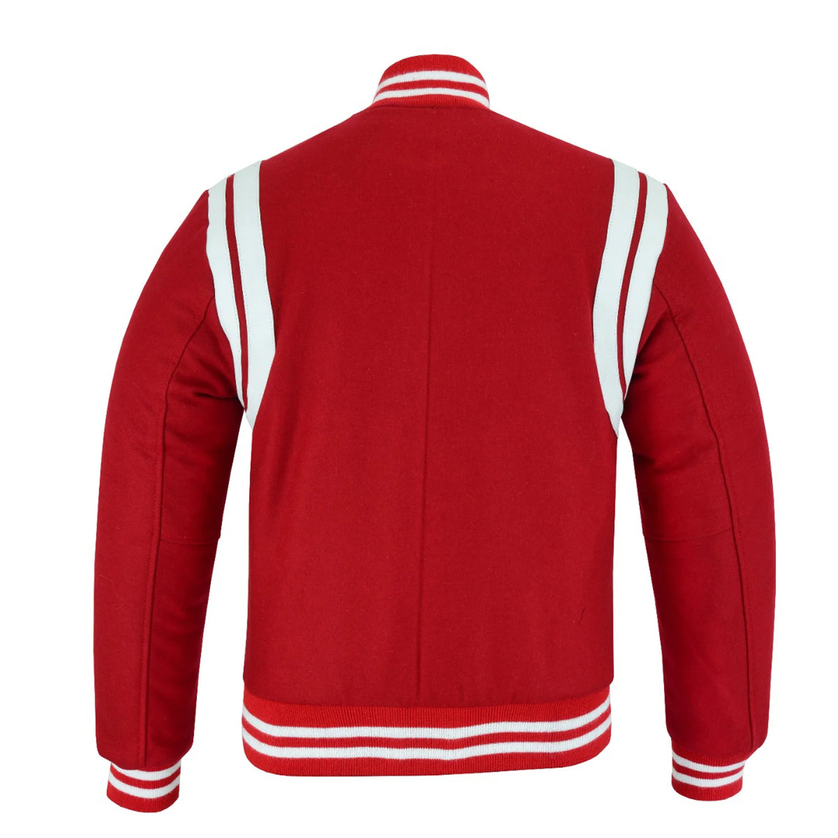 Classic Varsity Letterman Baseball College Jacket Red Wool with White Double Leather Strip