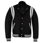 Classic Varsity Letterman Baseball College Jacket Black Wool with White Double Leather Strip