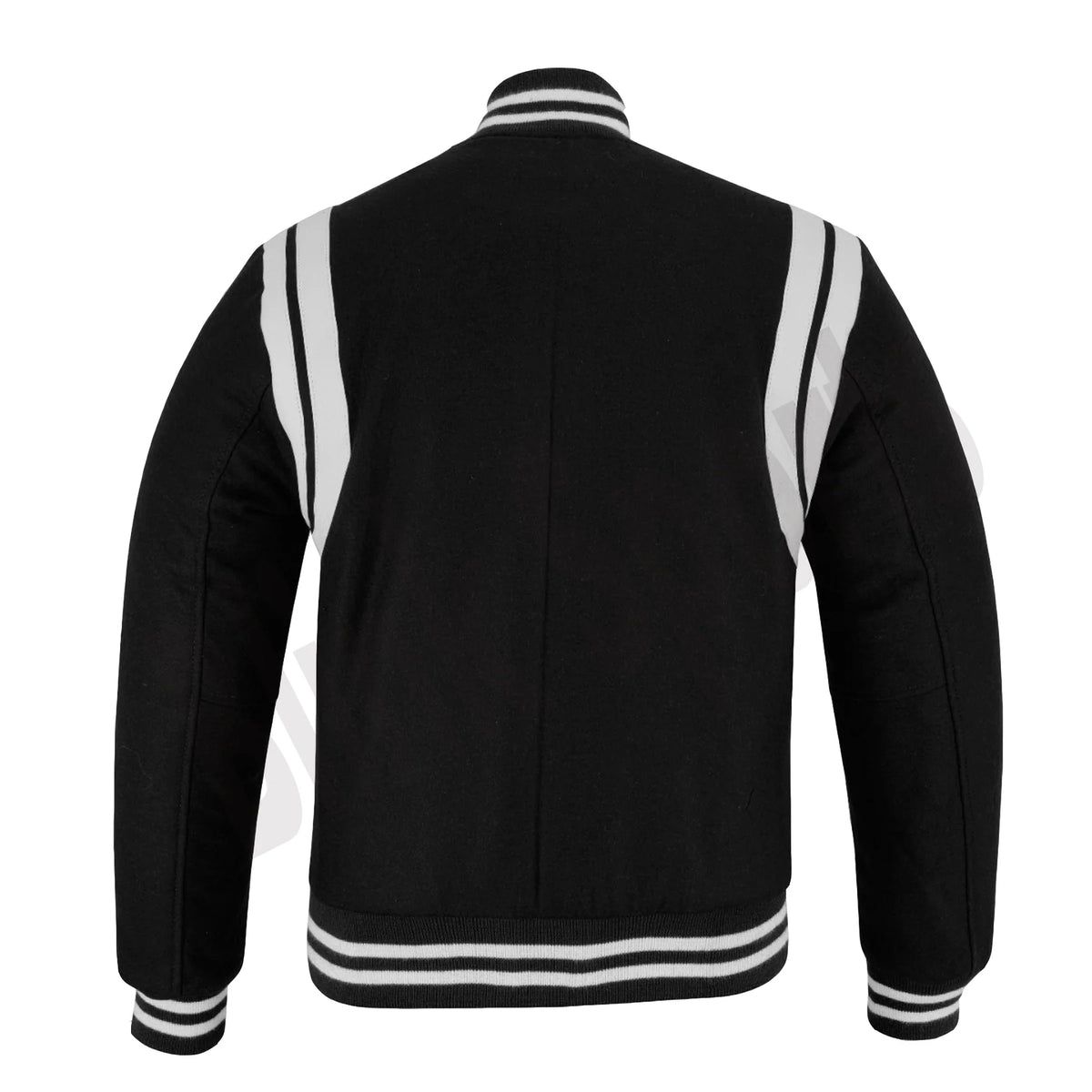 Classic Varsity Letterman Baseball College Jacket Black Wool with White Double Leather Strip