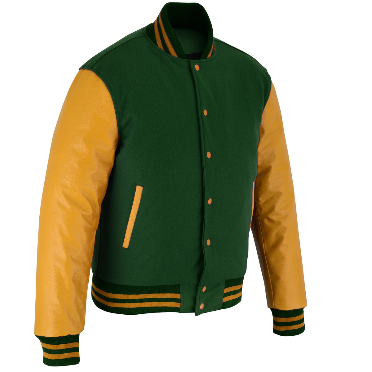 Classic Varsity Letterman Jacket Forest Green Wool with Gold Genuine Leather Sleeves and trims