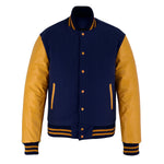 Classic Varsity Letterman Jacket Navy Blue Wool with Gold Genuine Leather Sleeves and trims