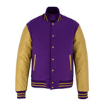 Classic Varsity Letterman Jacket Purple Wool with Beige Genuine Leather Sleeves and trims