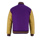 Classic Varsity Letterman Jacket Purple Wool with Beige Genuine Leather Sleeves and trims