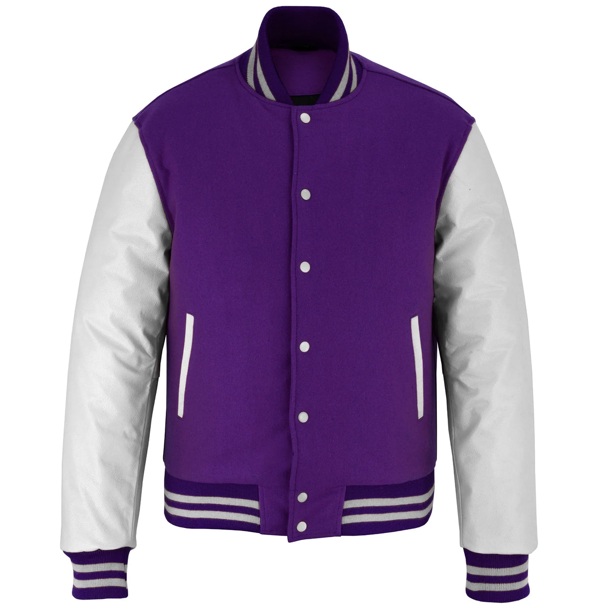Custom Purple Wool with White Genuine Leather Sleeves and trims Baseball Bomber Jacket