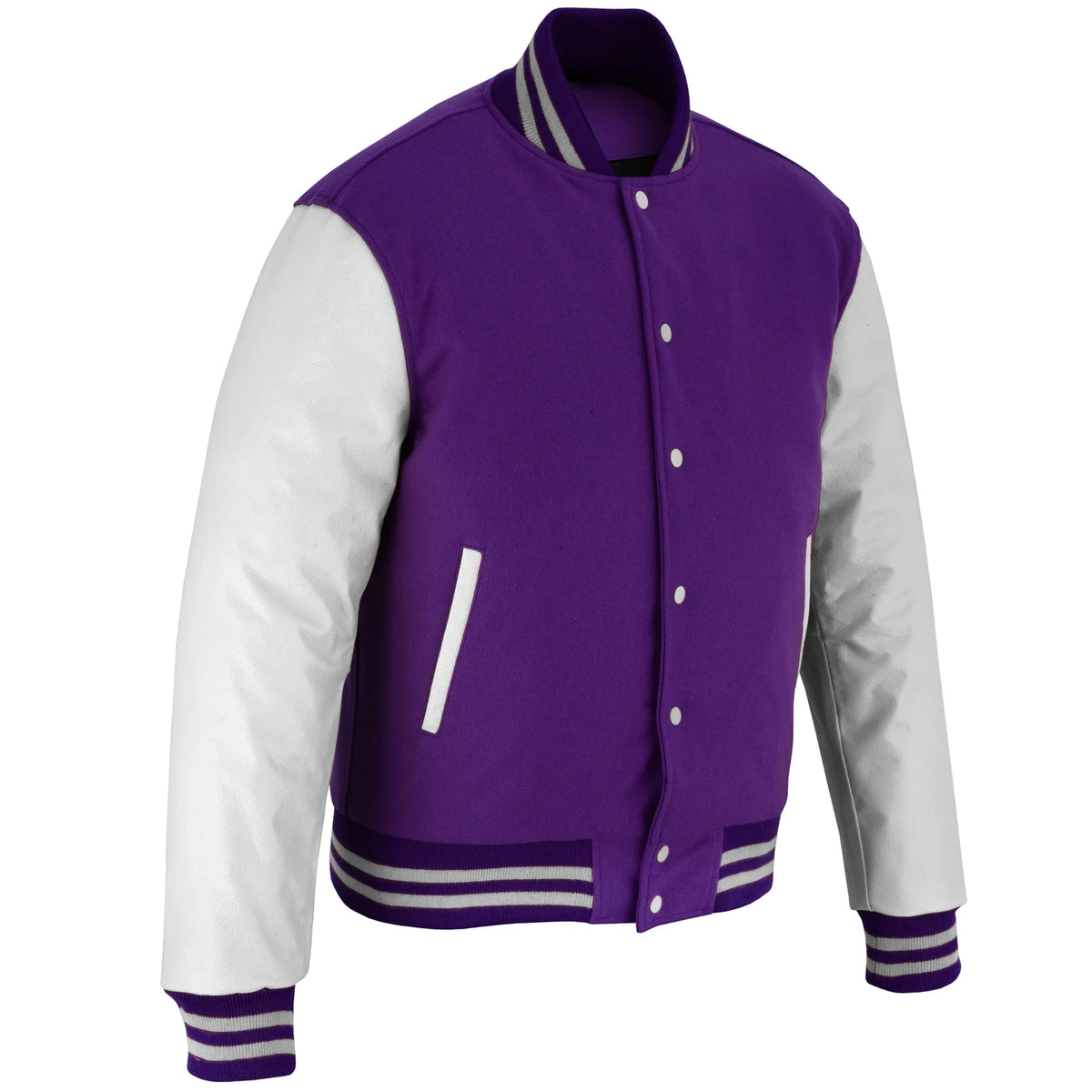 Custom Purple Wool with White Genuine Leather Sleeves and trims Baseball Bomber Jacket