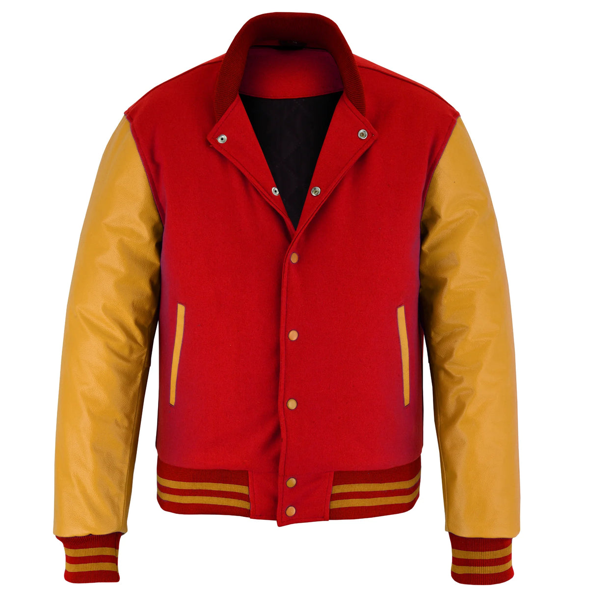 Classic Varsity Letterman Jacket Red Wool with Gold Genuine Leather Sleeves and trims
