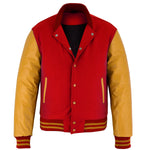 Classic Varsity Letterman Jacket Red Wool with Gold Genuine Leather Sleeves and trims