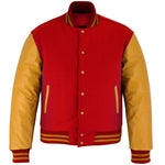Classic Varsity Letterman Jacket Red Wool with Gold Genuine Leather Sleeves and trims
