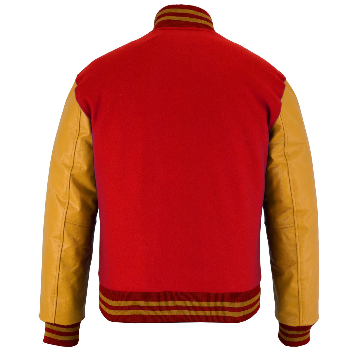 Classic Varsity Letterman Jacket Red Wool with Gold Genuine Leather Sleeves and trims