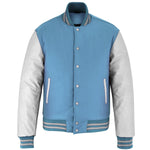 Custom Sky Blue White Full-Snap Varsity Leather Sleeves Letterman Baseball Jacket