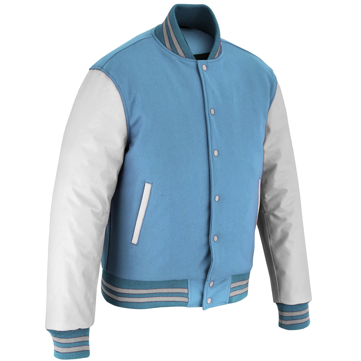 Custom Sky Blue White Full-Snap Varsity Leather Sleeves Letterman Baseball Jacket