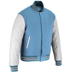 Custom Sky Blue White Full-Snap Varsity Leather Sleeves Letterman Baseball Jacket