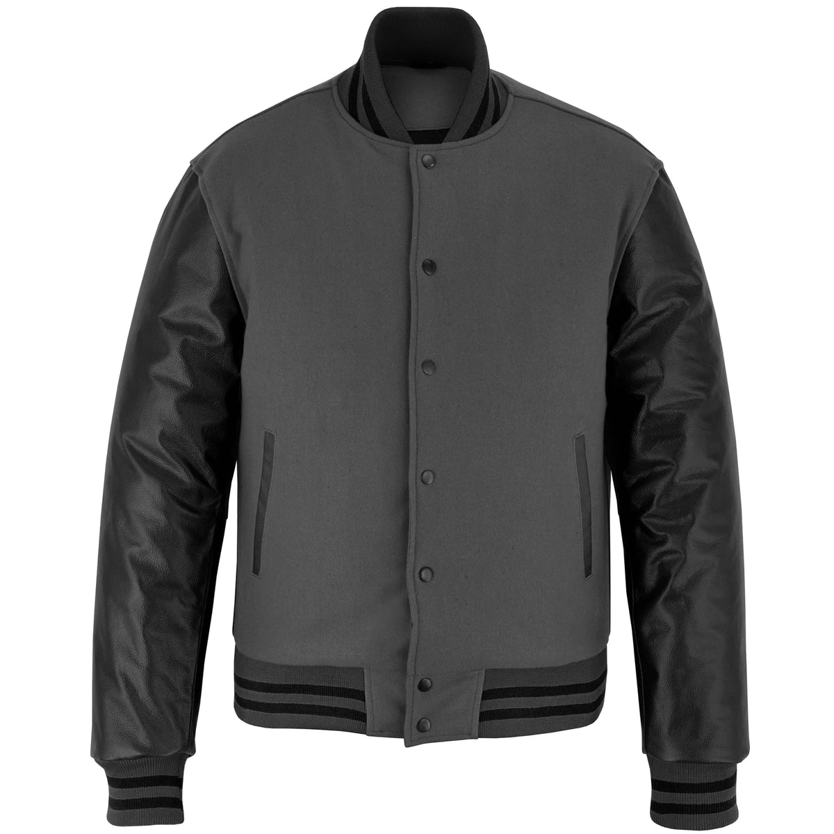 Customized Varsity Letterman Jacket Dark Grey Wool with Black Genuine Leather Sleeves and trims
