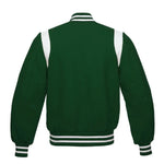 Custom Forest Green Wool Varsity Jacket with White Shoulder Stripes