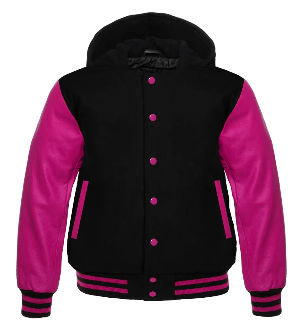 Hooded Varsity Lettermen Baseball Jacket Black With Hot Pink Genuine Leather Sleeves