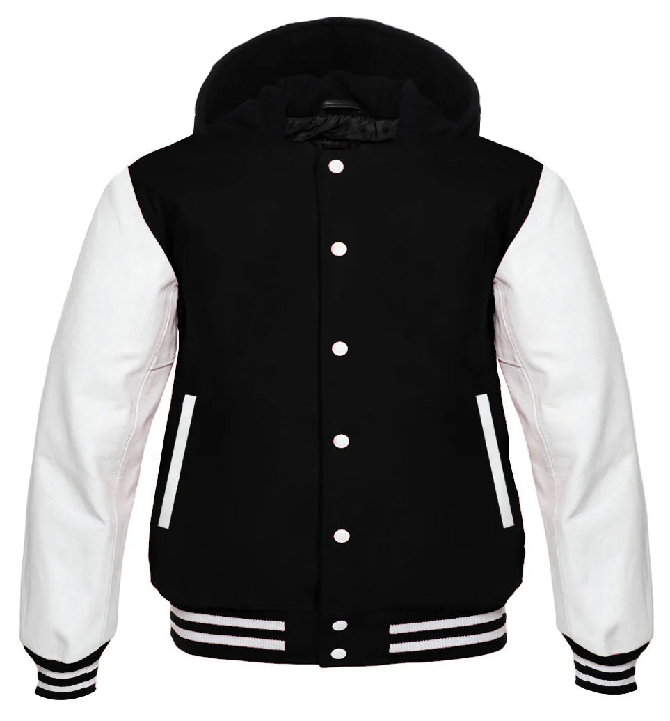 Hooded Varsity Lettermen Baseball Jacket Black With White Genuine Leather Sleeves