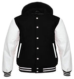 Hooded Varsity Lettermen Baseball Jacket Black With White Genuine Leather Sleeves
