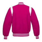 Custom Hot Pink Wool Varsity Jacket with White Shoulder Stripes