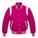 Custom Hot Pink Wool Varsity Jacket with White Shoulder Stripes