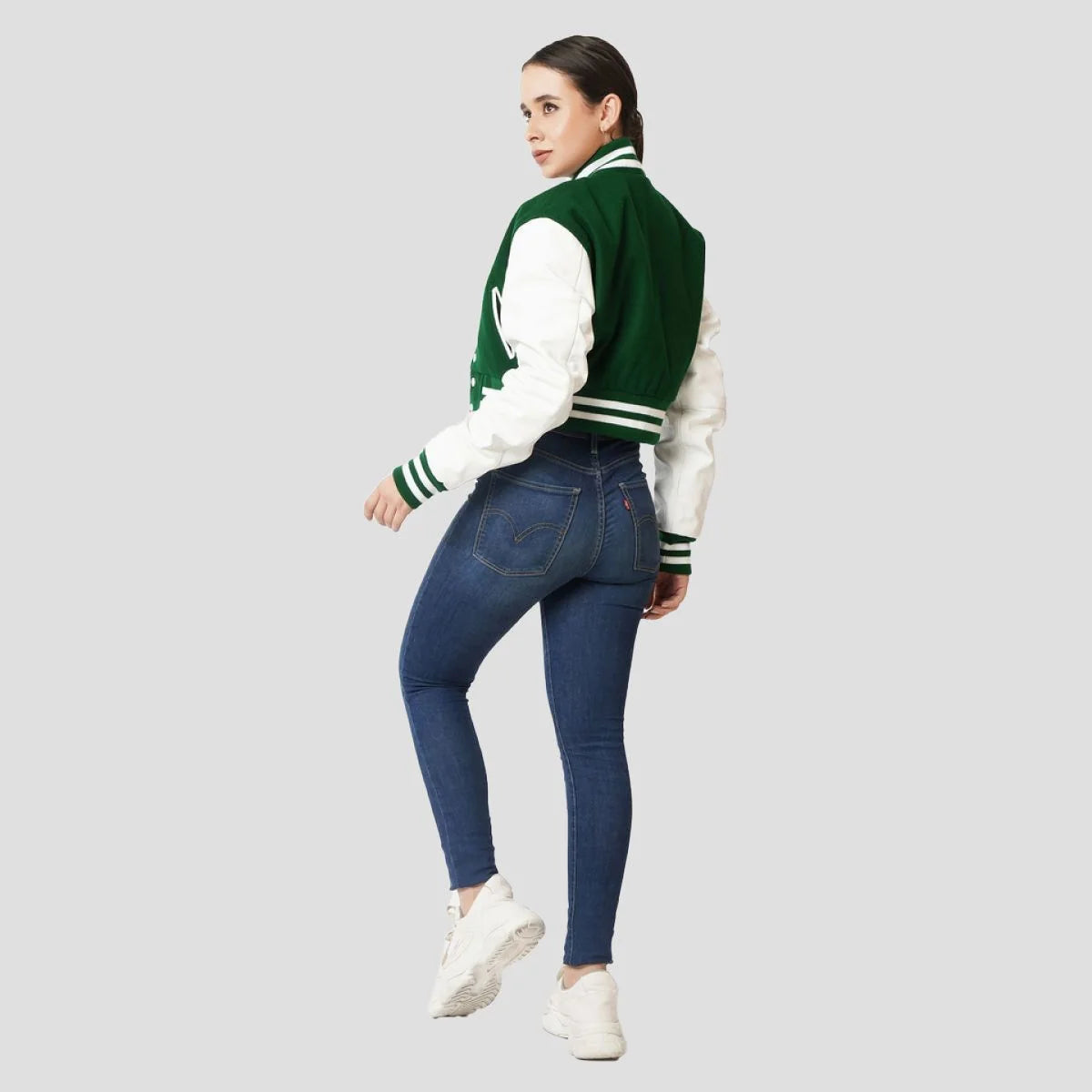 Kelly Green Crop Top Varsity Jacket with White Sleeves
