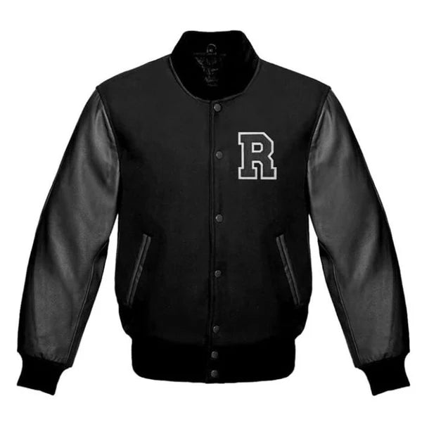 Custom Letter R Letterman Varsity Jacket in Black Leather Sleeve Gray Wool Body