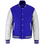 Retro Varsity Letterman Jacket Royal Wool with White Genuine Leather Sleeves and trims