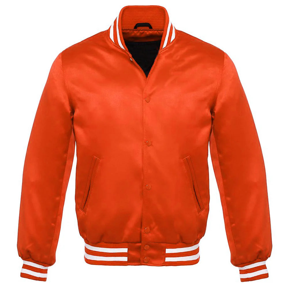 Orange Satin Jacket Vintage Style Letterman Baseball Orange Bomber Jacket with White Trim