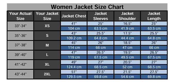 A size chart table for women's jackets titled 'Women Varsity Jacket Size Chart' with columns for actual size, jacket size, jacket chest, jacket sleeves, jacket shoulder, and jacket length, showing measurements for XS through7XL sizes.