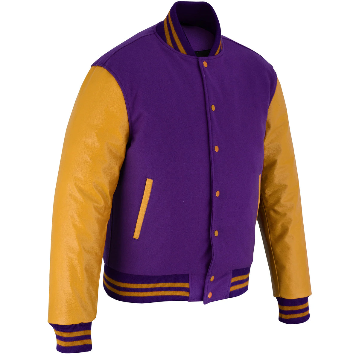 Classic Varsity Letterman Jacket Purple Wool with Gold Genuine Leather Sleeves and trims