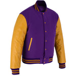 Classic Varsity Letterman Jacket Purple Wool with Gold Genuine Leather Sleeves and trims