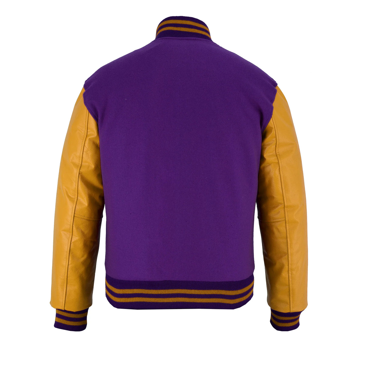 Classic Varsity Letterman Jacket Purple Wool with Gold Genuine Leather Sleeves and trims