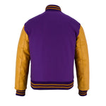 Classic Varsity Letterman Jacket Purple Wool with Gold Genuine Leather Sleeves and trims