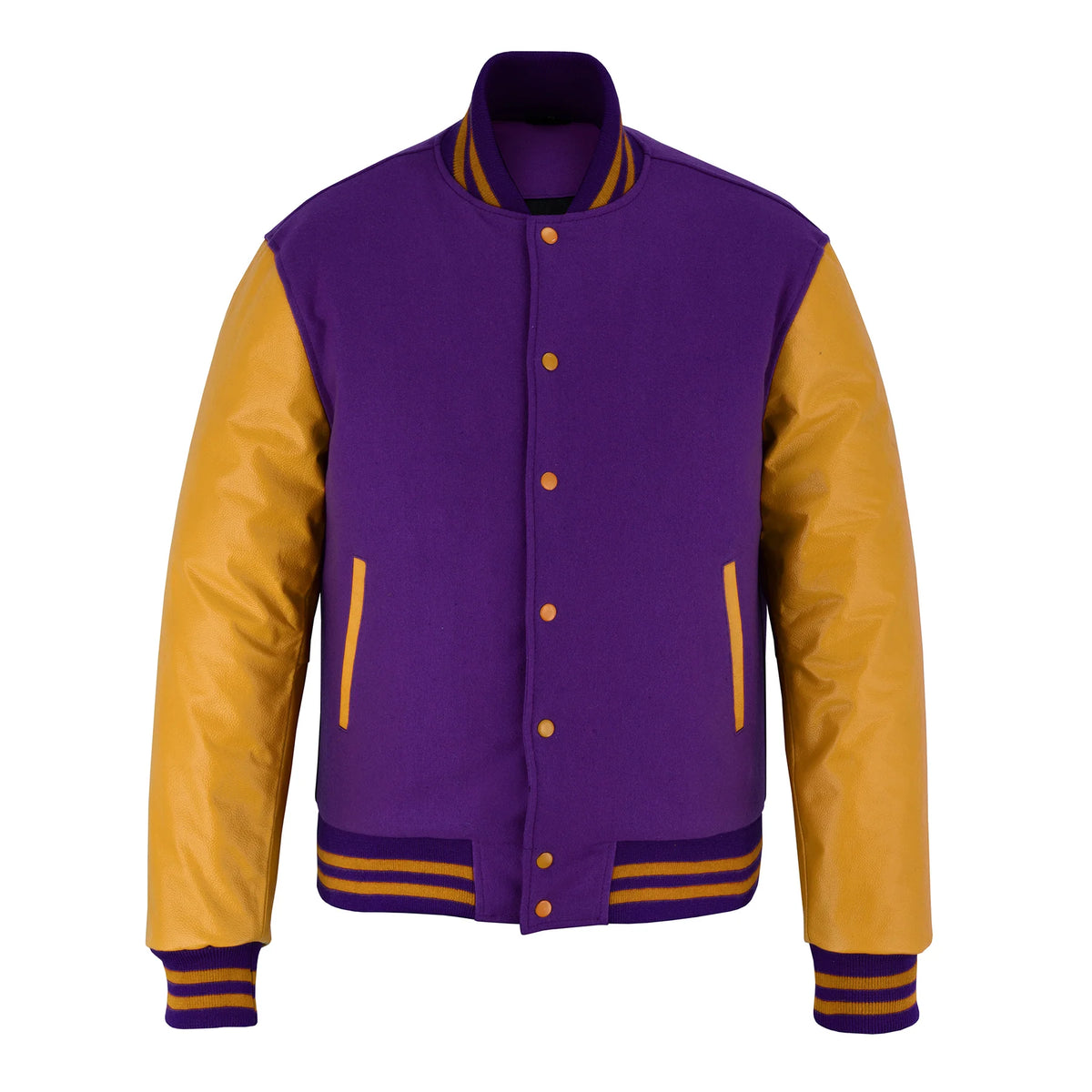 Classic Varsity Letterman Jacket Purple Wool with Gold Genuine Leather Sleeves and trims