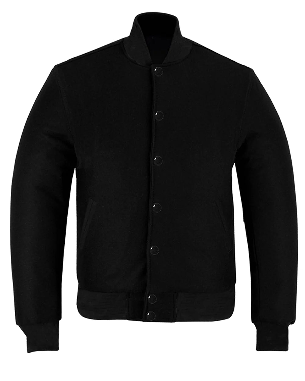 All Wool Retro Style Varsity Letterman Baseball Jacket Solid Black With Black Trim