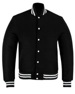 All Wool Street Style Varsity Letterman Baseball Jacket Solid Black With White Trim