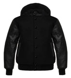 Hooded Varsity Letterman Baseball Jacket Solid Black Genuine Leather Sleeves