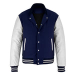 Classic Varsity Letterman Jacket Navy Blue Wool with White Genuine Leather Sleeves and trims