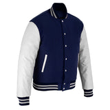 Classic Varsity Letterman Jacket Navy Blue Wool with White Genuine Leather Sleeves and trims