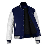 Classic Varsity Letterman Jacket Navy Blue Wool with White Genuine Leather Sleeves and trims