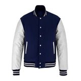 Classic Varsity Letterman Jacket Navy Blue Wool with White Genuine Leather Sleeves and trims